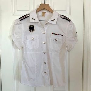 Voice woman’s button up white short sleeve…